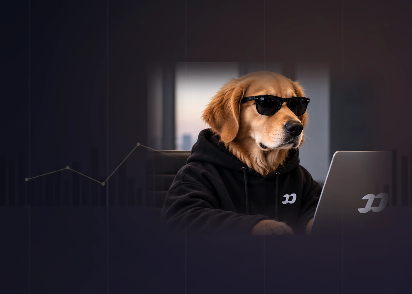 BossPaw at a laptop with subtle market-inspired graphics