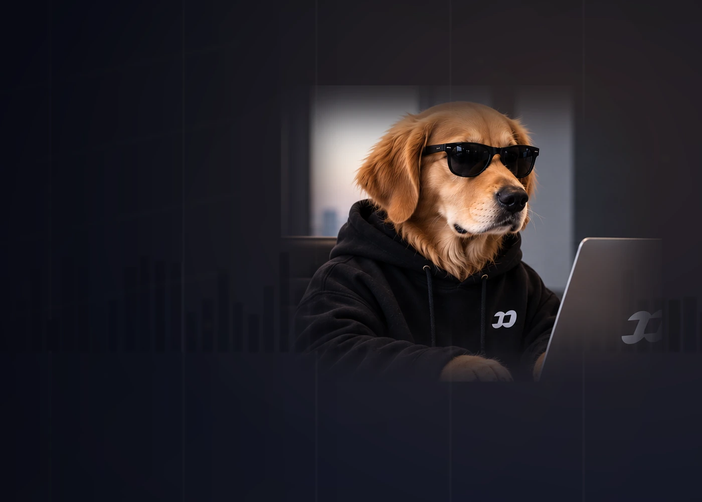 BossPaw at a laptop in a cinematic office